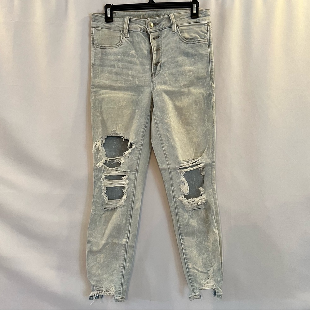 American Eagle Hi Rise Jegging Crop, Light Wash Distressed, Size 10